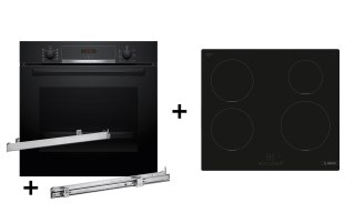 Zestaw piekarnik BOSCH HBA514BB3 + prowadnice teleskopowe BOSCH HEZ538000 + płyta indukcyjna BOSCH PUE611BB5E