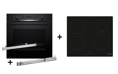 Zestaw piekarnik BOSCH HBA514BB3 + prowadnice teleskopowe BOSCH HEZ538000 + płyta indukcyjna BOSCH PUE611BB5E