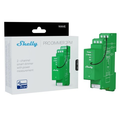 Shelly Wave Pro Dimmer 2PM - Ściemniacz oświetlenia Z-Wave, 2 kanały, bezprzewodowy do LED i halogenów, montaż na szynie DIN