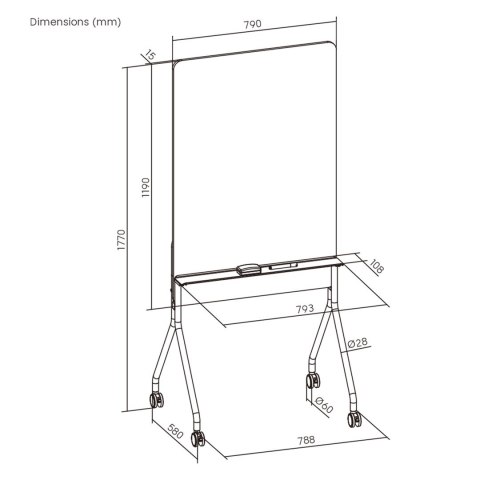 ERGO OFFICE MOBILNA TABLICA SUCHOŚCIERALNA, ORIENTACJA PIONOWA, BIAŁA, JEDNOSTRONNA, Z PÓŁKĄ, WYMIARY TABLICY 1190X790MM ER-3