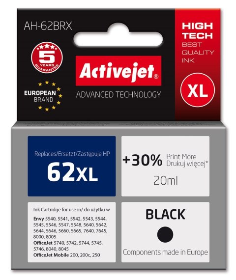 Activejet AH-62BRX Tusz (zamiennik HP 62XL C2P05AE; Premium; 20 ml; czarny)