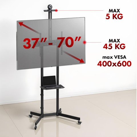 MACLEAN STAND / WÓZEK DO TV, PÓŁKA NA KAMERĘ, NA KÓŁKACH, 37-70", MAX. OBCIĄŻENIE 45KG/5KG PÓŁKA, MAX. VESA 600X400 MC-113 B