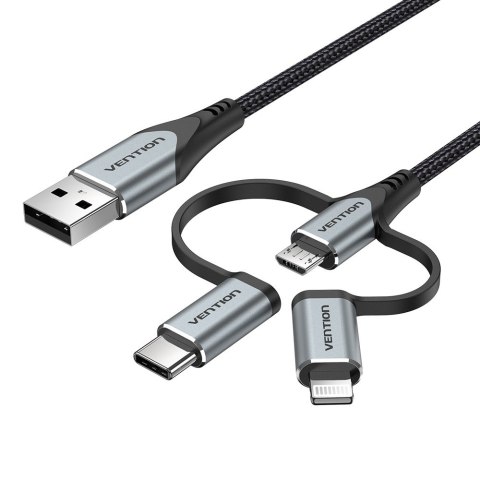 Kabel Vention USB-A 3w1 Micro-B USB-C Lightning 1m szary