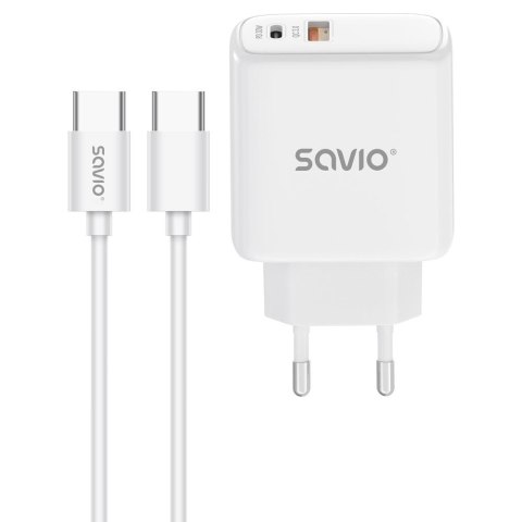Ładowarka sieciowa 20W SAVIO LA-13 + Kabel Quick Charge Power Delivery 3.0 Biała