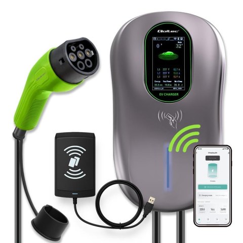 Stacja ładowania Qoltec EV 2w1 Typ2 | 22kW | Wi-Fi | LCD | 2karty EV | 3 fazy | Wallbox | Hotel system | 5m