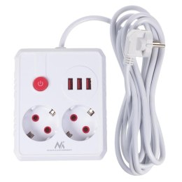 Listwa zasilająca Maclean MCE388 W, przedłużacz 2 gniazda + 3xUSB, 110-240V AC 50/60Hz, 2.1A max 2500W, 3 m, biała