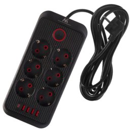 Listwa zasilająca Maclean MCE391 B, przedłużacz 6 gniazd + 4xUSB + USB-C, 110-240V AC 50/60Hz, 2.1A max 2500W, 3m, czarna