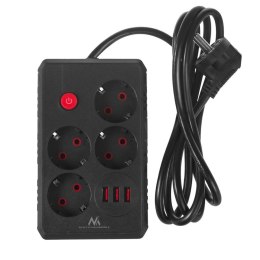 Listwa zasilająca Maclean MCE392 B, przedłużacz 4 gniazda + 3xUSB, 110-240V AC 50/60Hz, 2.1A max 2500W, 1,5m, czarna