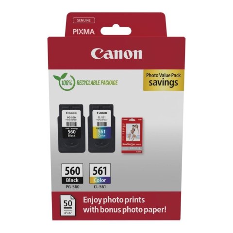 Zestaw tuszy Canon PG-560 Black 7,5ml 180 str./CL-561 Color 8,3ml 180 str. + papier fotograficzny glossy 50 arkuszy (3713C008)