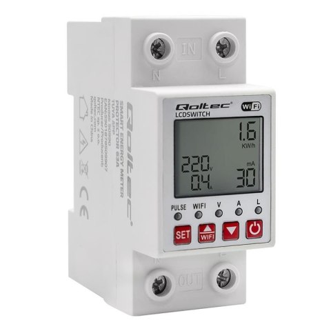 Przekaźnik Qoltec 63A na szynę DIN z licznikiem energii elektyrcznej | Timer | TUYA | Wi-Fi | LED
