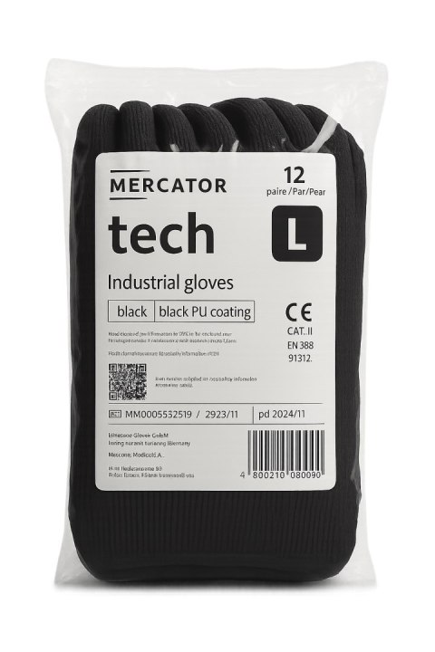 Rękawice Robocze MERCATOR Tech Black+Black PU - 12 Par (7 - S)