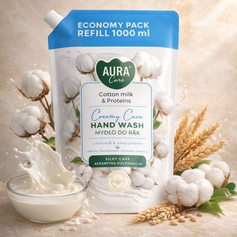 AURA Care Mydło Do Rąk Uzupełniające Mleczko Bawełniane i Proteiny 1000 ml AHW-002-004