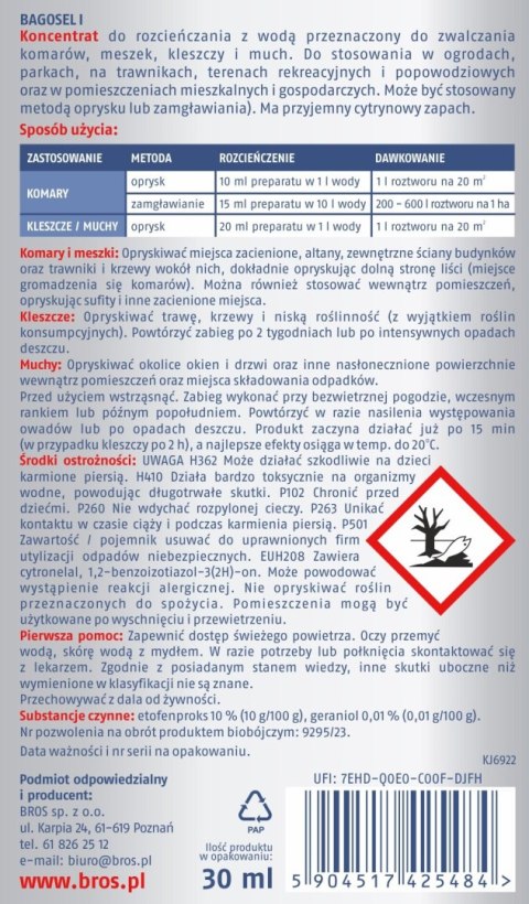 BROS - Bagosel 100EC 30ml - preparat do oprysku ogrodu przeciw komarom i kleszczom