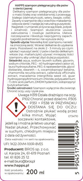 HAPPS - szampon pielęgnacyjny dla psów o sierści jasnej 200ml
