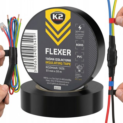K2 FLEXER TAŚMA IZOLACYJNA Czarna Do Kabli I Przewodów 15mm X 10m B325