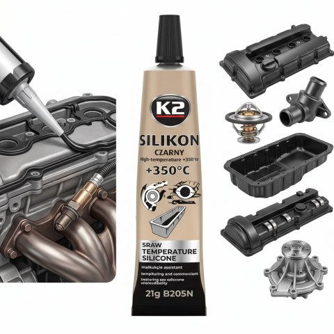 K2 SILIKON CZARNY Luz Uszczelka Wysokotemperaturowa +350°C 21g Tubka B205N