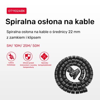 Unitek spiralny organizer na kable, 10 metrów, 22 mm średnicy, czarny