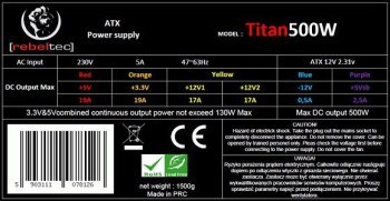 Zasilacz Rebeltec Titan 500W, 120mm silent +kab(2xMolex,4xSATA,2xCPU,1xPCIE,1xpinATX)