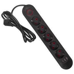 Listwa zasilająca Maclean MCE395 B, przedłużacz 5 gniazd + 3xUSB, 110-240V AC 50/60Hz, 2.1A max 2500W, 1,5m, czarna