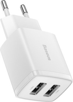 Baseus Compact Quick Charger, 2x USB, 10.5W (biała)