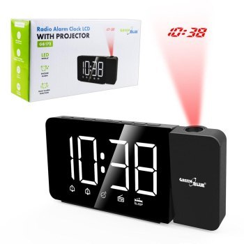 GREENBLUE RADIOBUDZIK CYFROWY LED Z PROJEKTOREM GREENBLUE RADIO FM ALARM ZEGAR 12/24 ZASILANIE USB 5V DC + CR2032 GB172