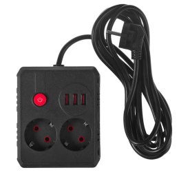 Listwa zasilająca Maclean MCE388 B, przedłużacz 2 gniazda + 3xUSB, 110-240V AC 50/60Hz, 2.1A max 2500W, 3 m, czarna